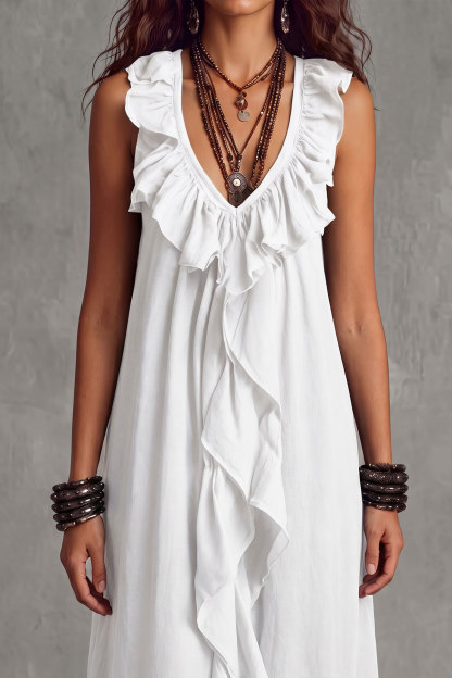 Velmira Plunge Neck Ruffle Trim Maxi Dress In White