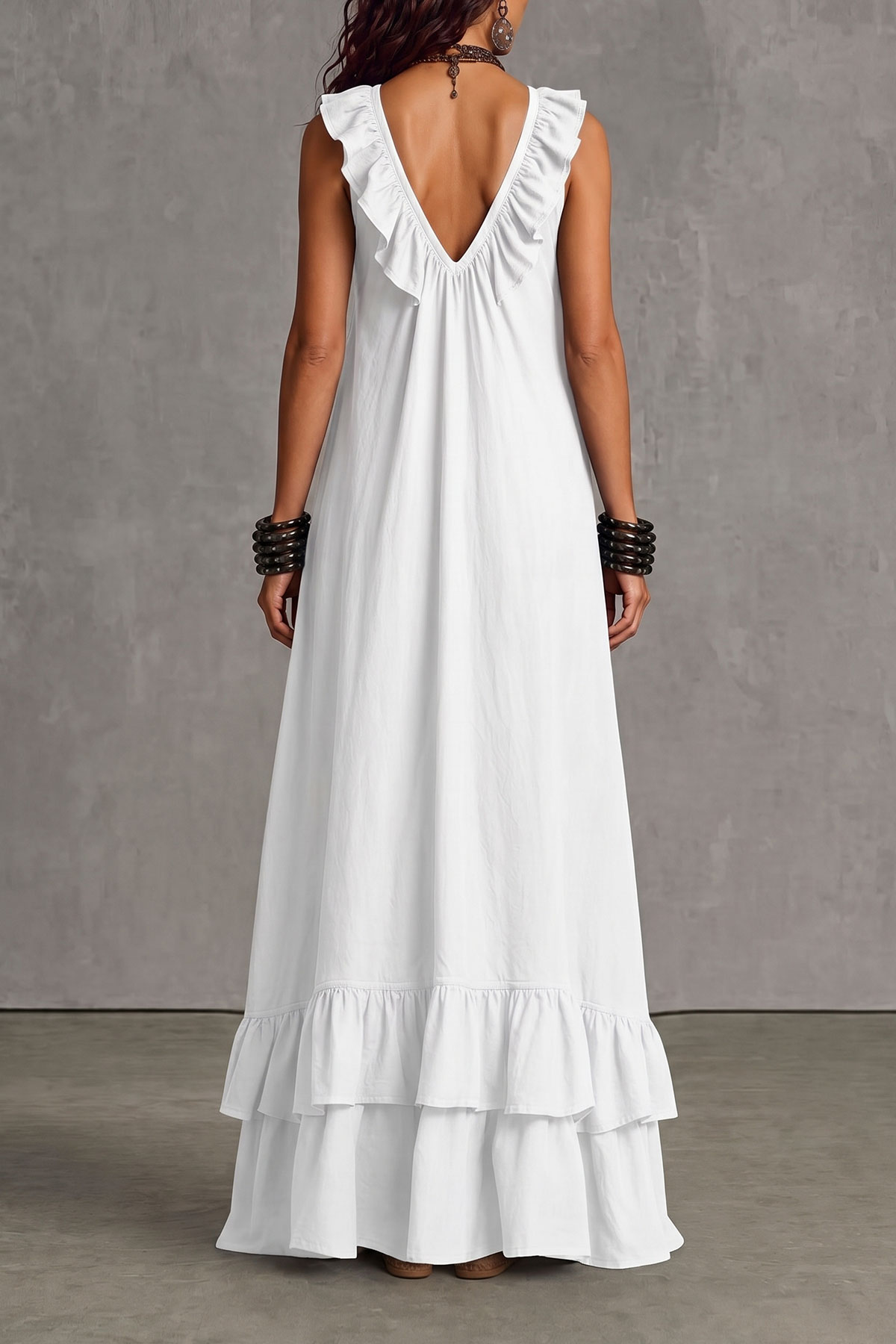 Velmira Plunge Neck Ruffle Trim Maxi Dress In White