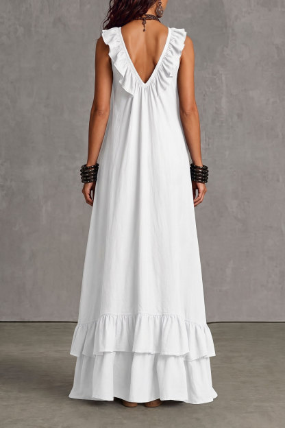 Velmira Plunge Neck Ruffle Trim Maxi Dress In White
