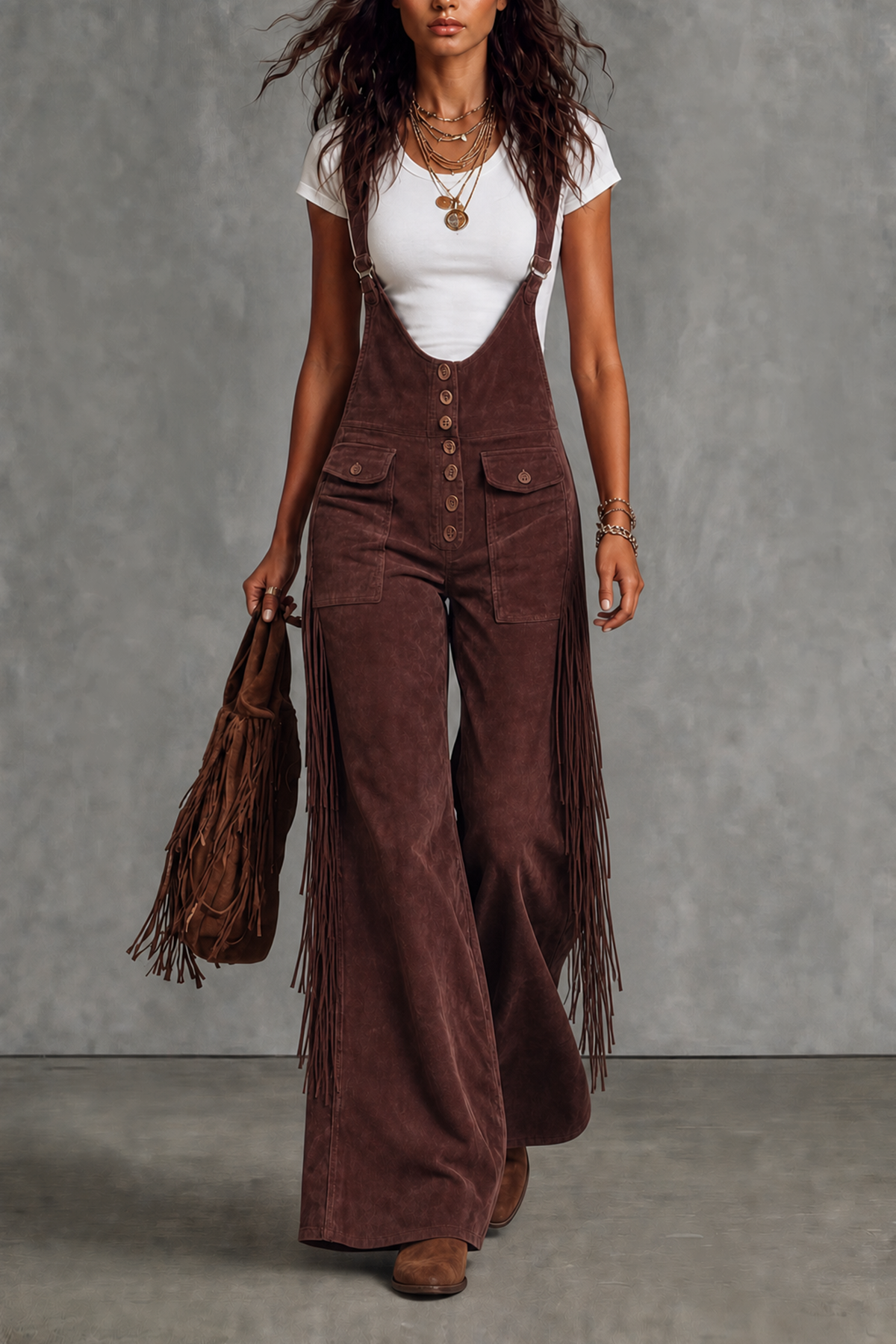 Velora Button Fringe Overalls Jumpsuit