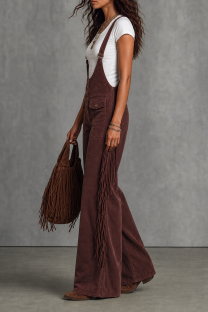 Velora Button Fringe Overalls Jumpsuit