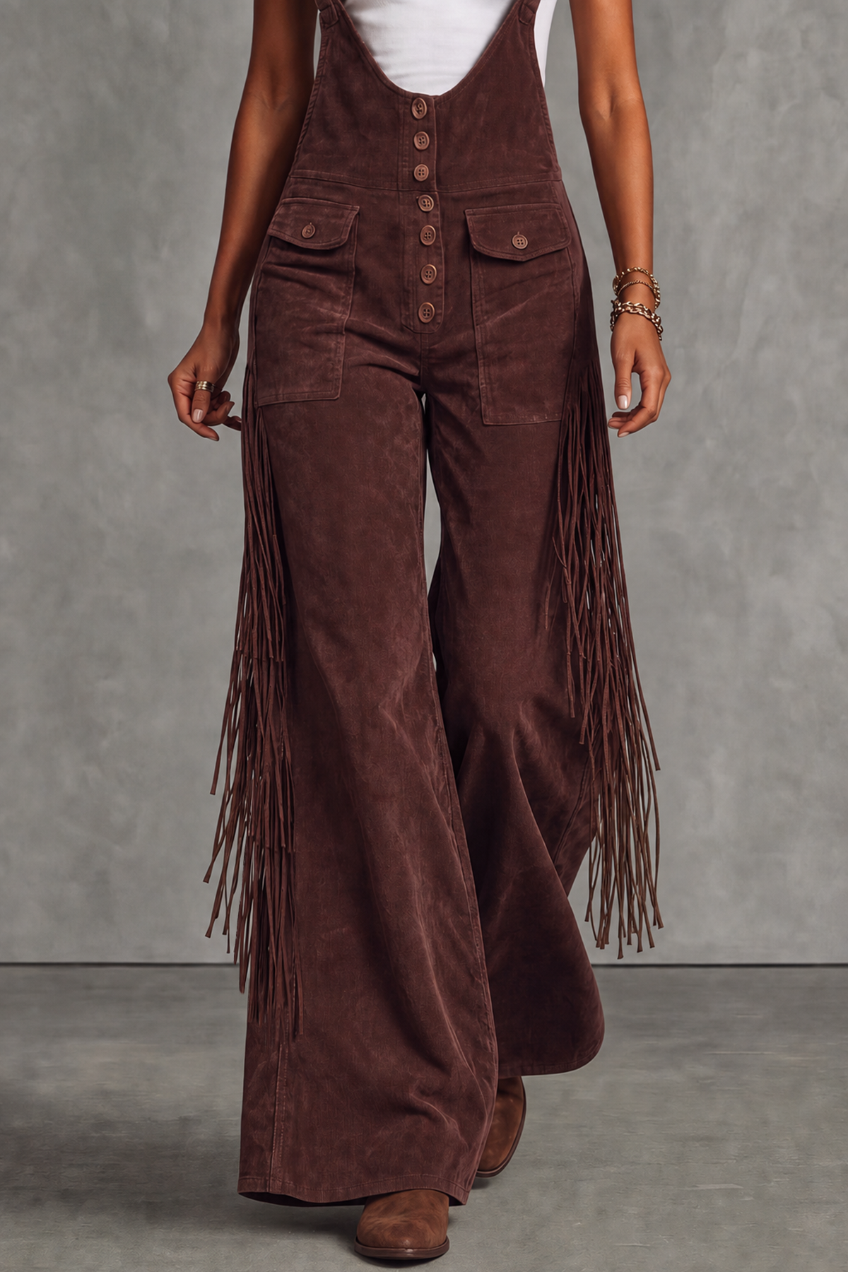 Velora Button Fringe Overalls Jumpsuit