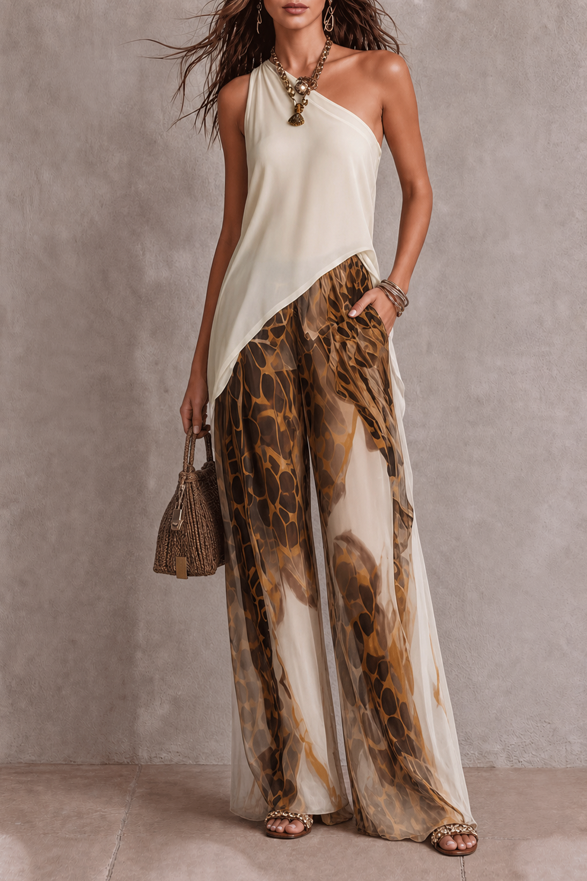 Veloria One Shoulder Animal Print Wide Pants Set