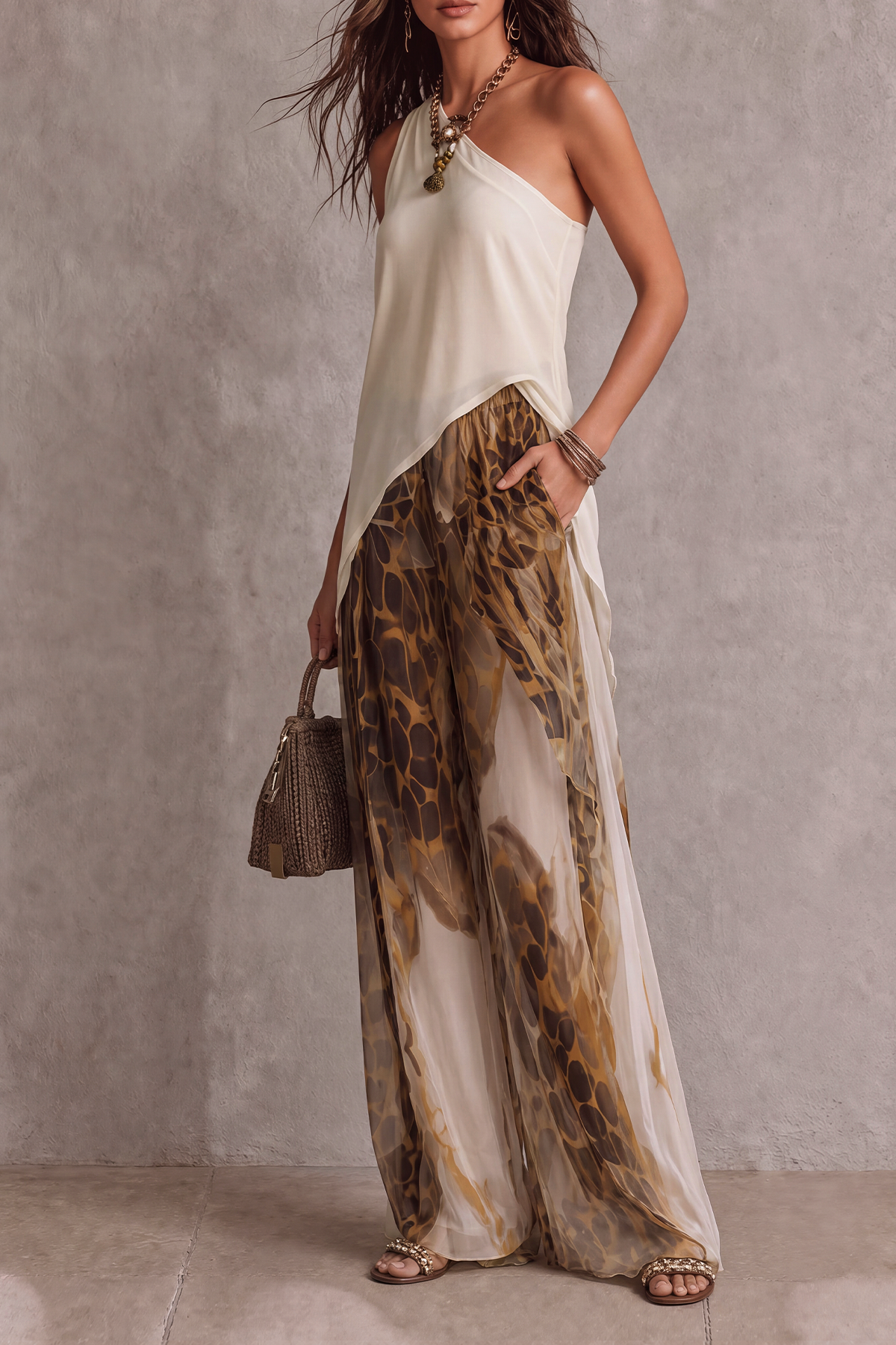 Veloria One Shoulder Animal Print Wide Pants Set
