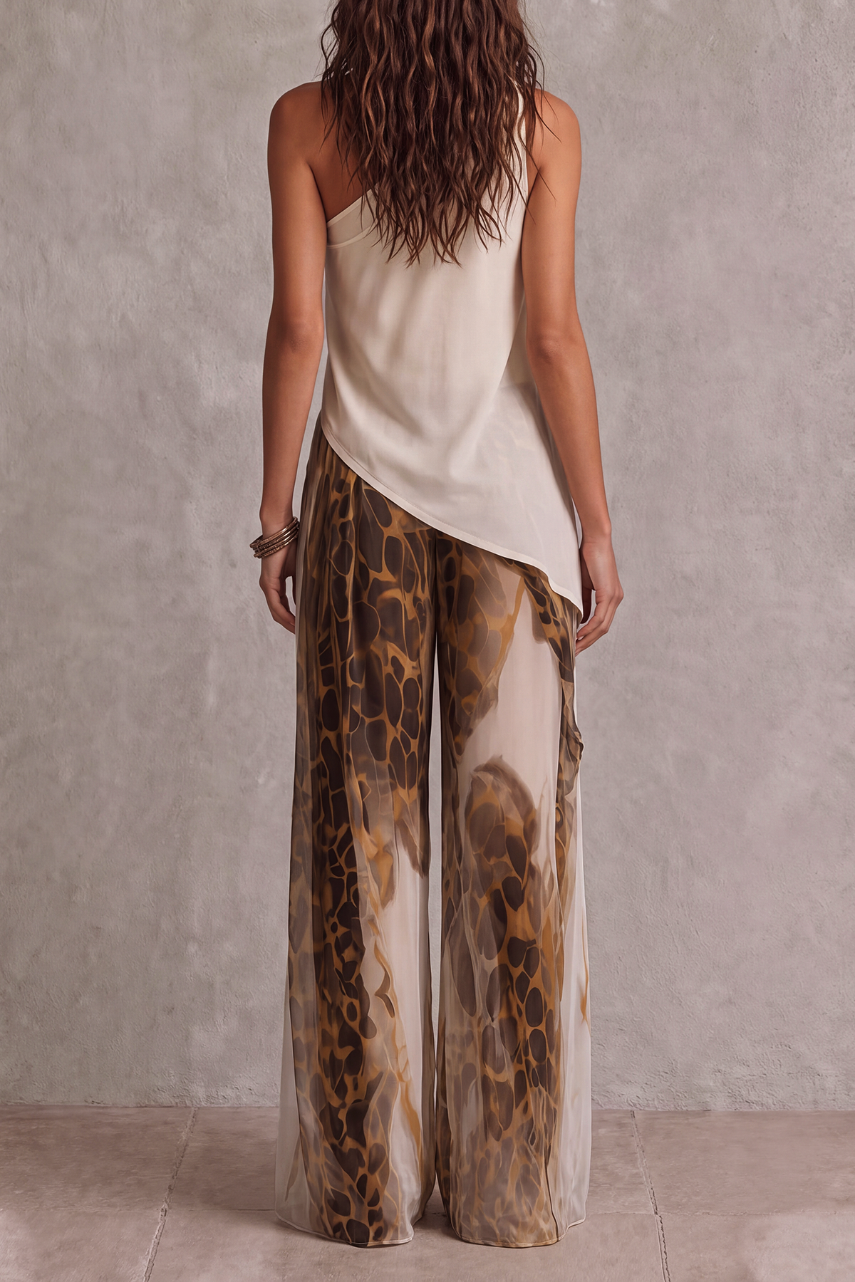 Veloria One Shoulder Animal Print Wide Pants Set