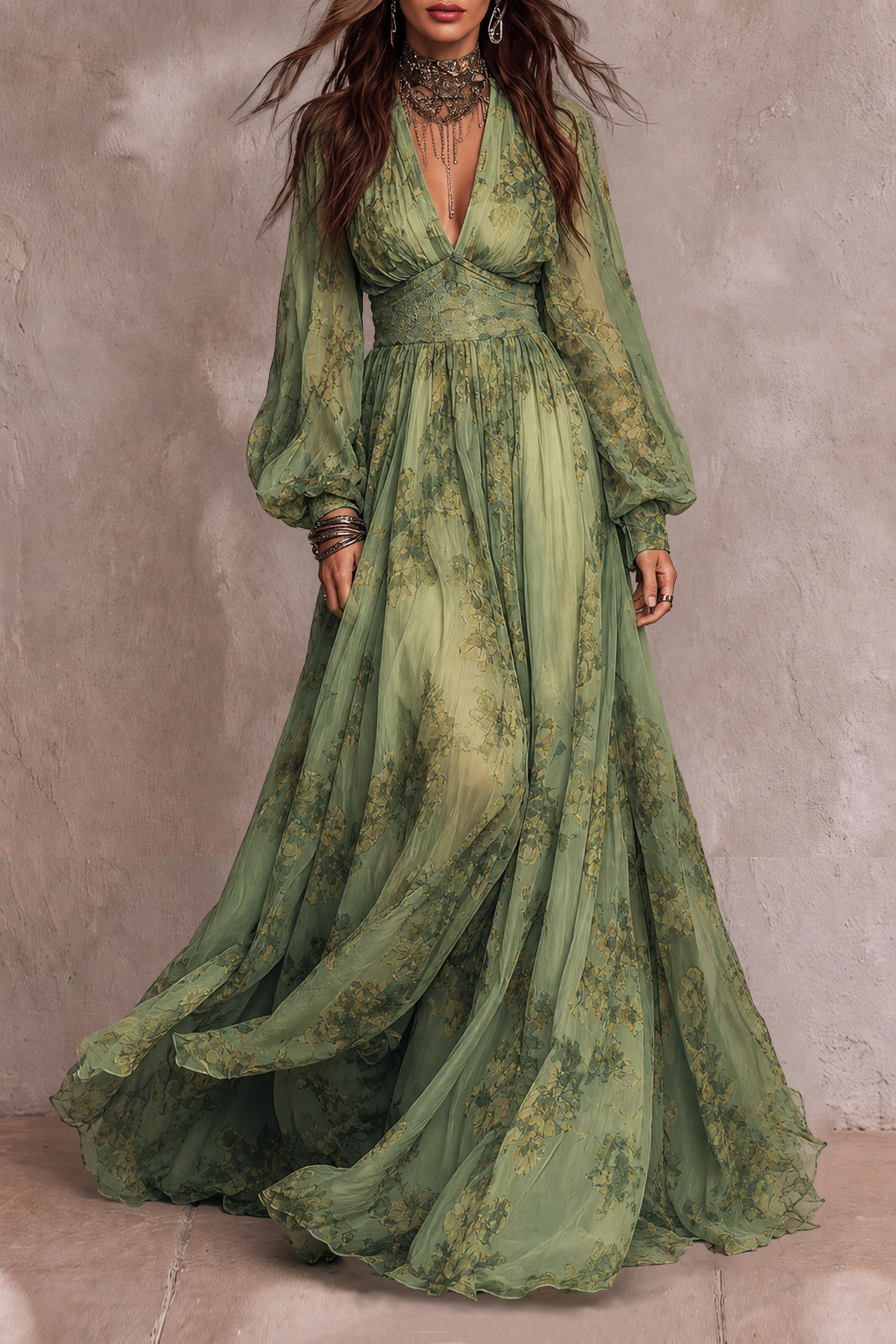 Virexa Plunge Neck Floral Maxi Dress