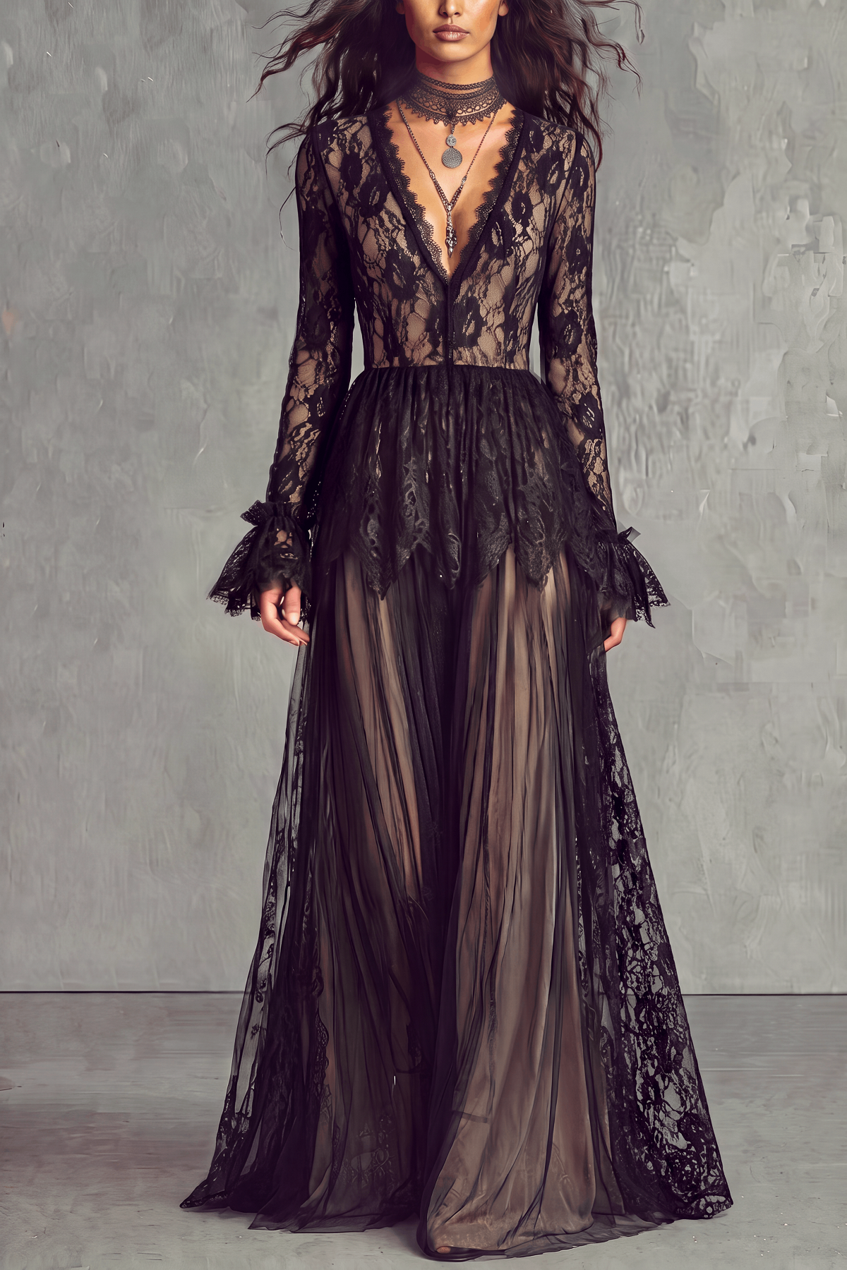 Vireya Plunge Neck Lace Maxi Dress