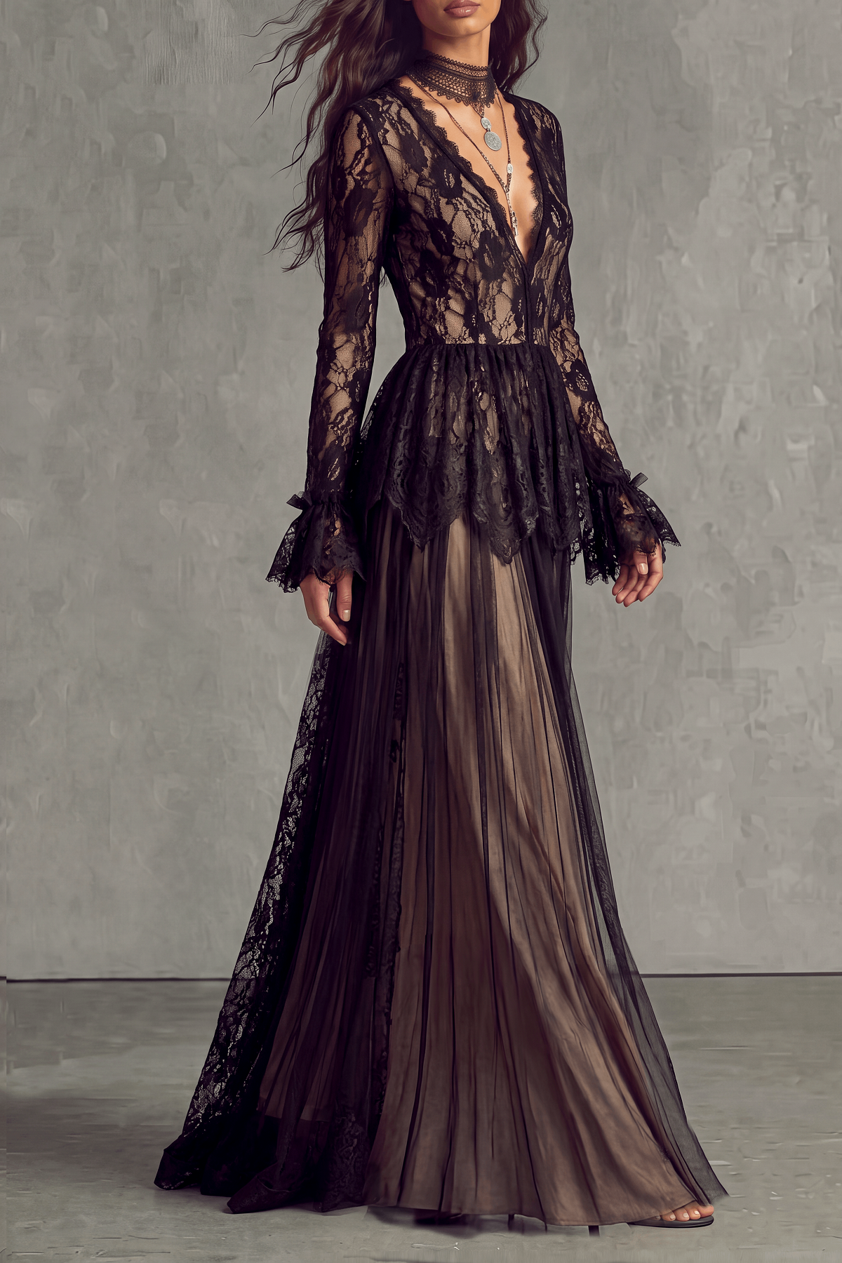 Vireya Plunge Neck Lace Maxi Dress