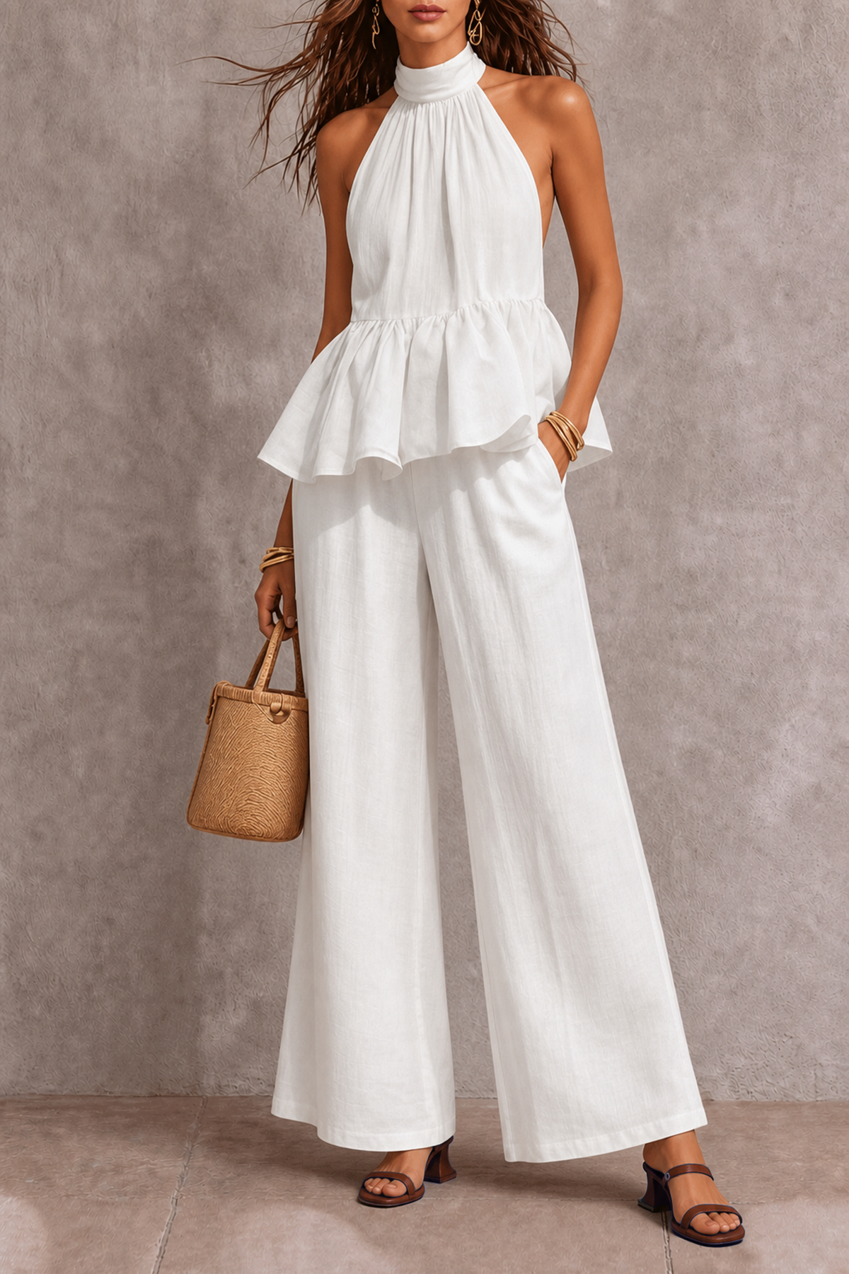 Vivelle Halter Neck Wide Leg Pants Set