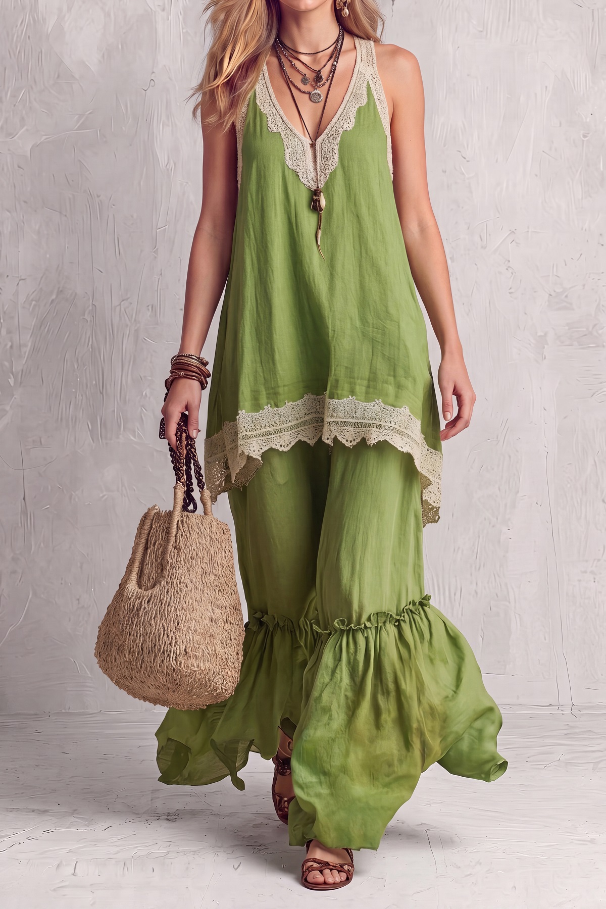 Vyloria Sleeveless Lace Wide Leg Pants Set