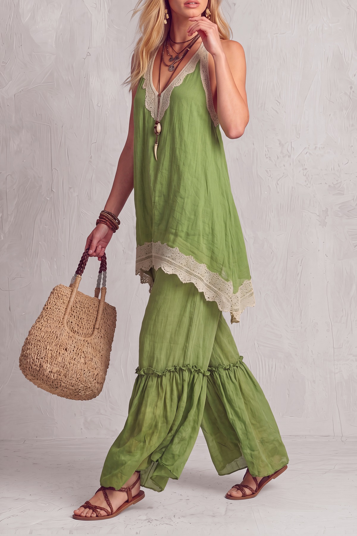 Vyloria Sleeveless Lace Wide Leg Pants Set