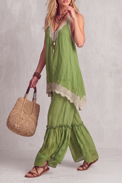 Vyloria Sleeveless Lace Wide Leg Pants Set