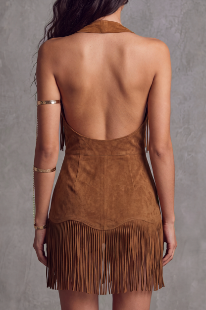 Vysera Suede Button Fringe Midi Dress