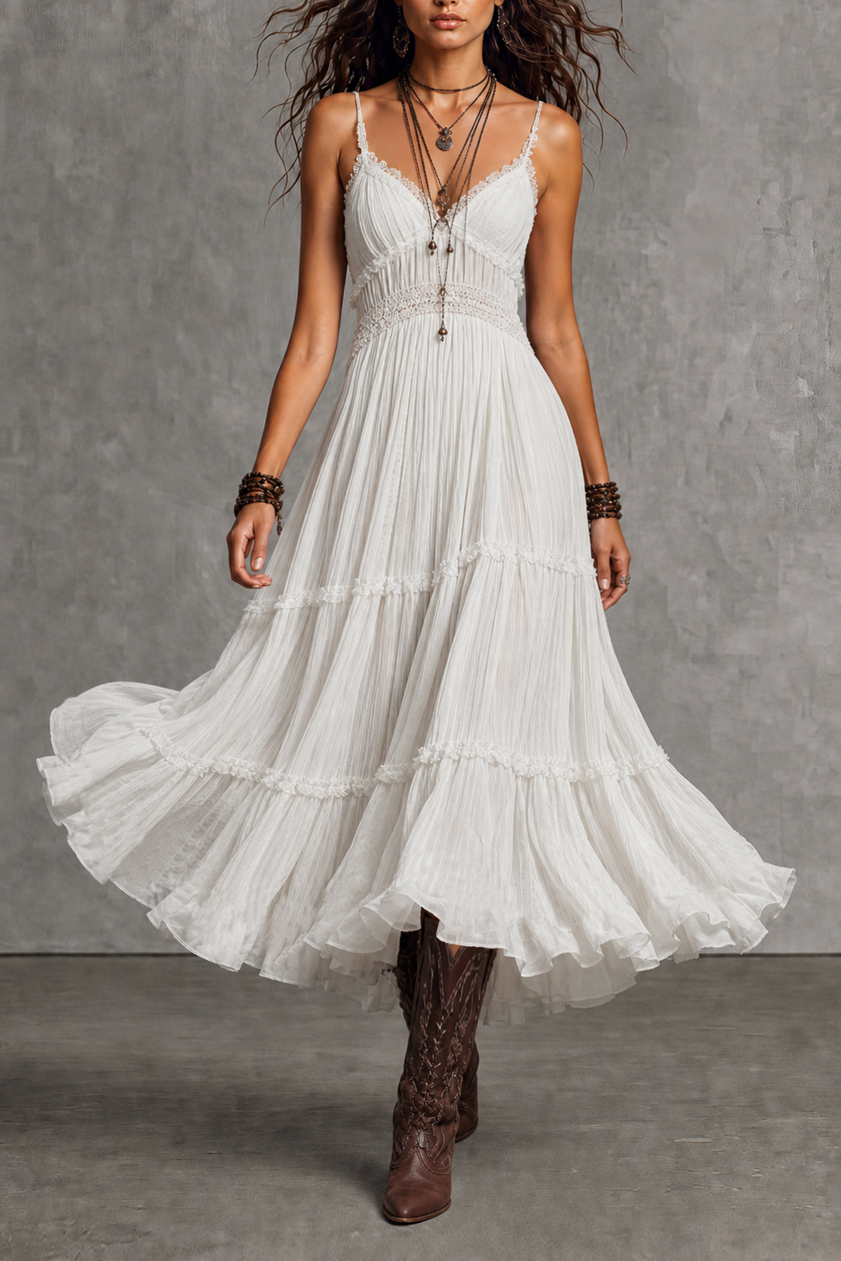 Xireva Spaghetti Lace Multi Tier Midi Dress