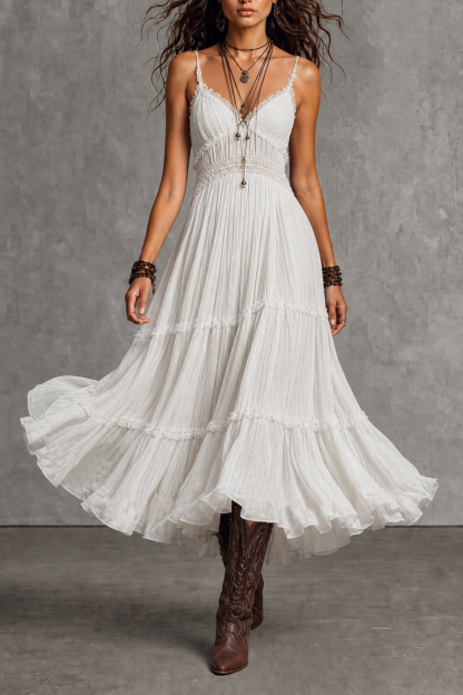 Xireva Spaghetti Lace Multi Tier Midi Dress