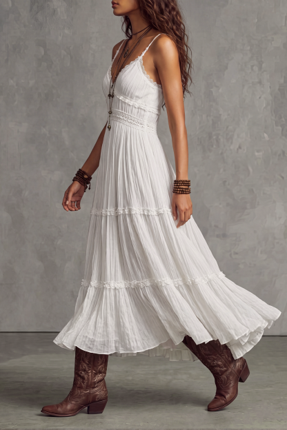 Xireva Spaghetti Lace Multi Tier Midi Dress