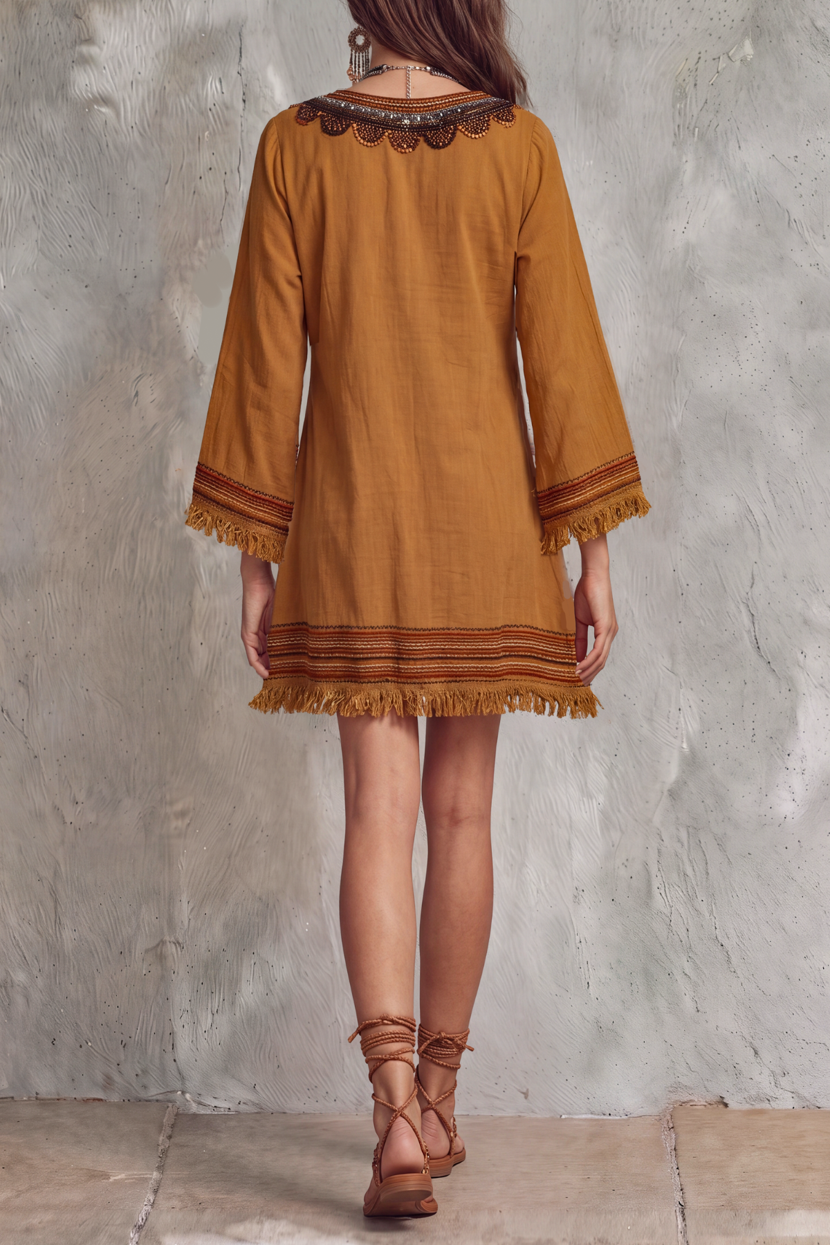 Xirevo Plunge Neck Fringe Embroidery Mini Dress