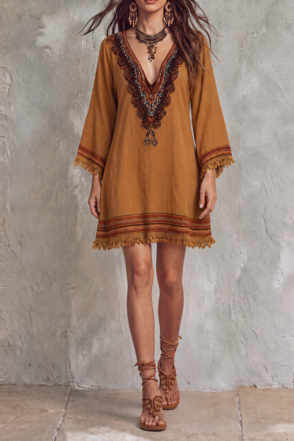 Xirevo Plunge Neck Fringe Embroidery Mini Dress