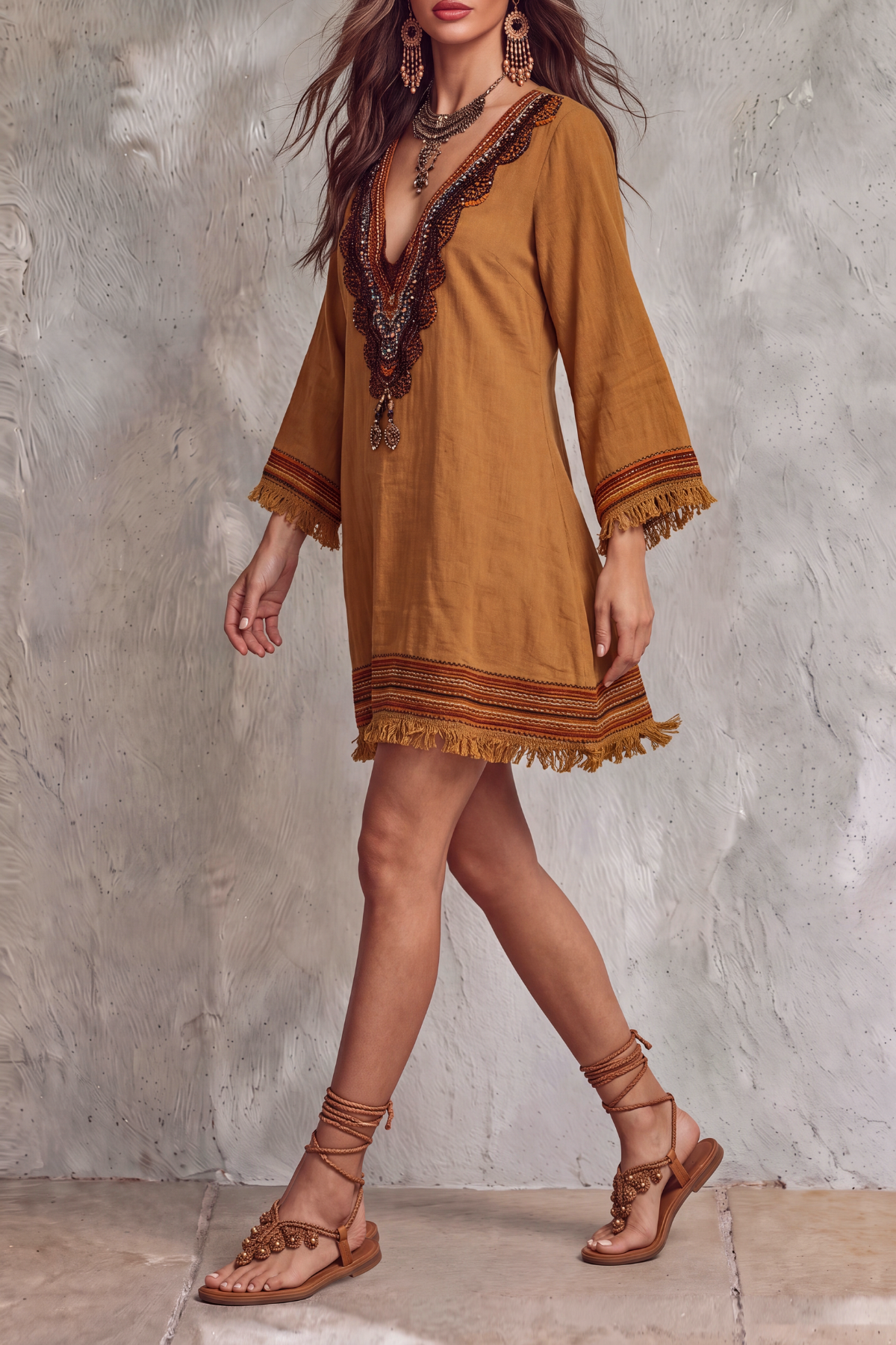 Xirevo Plunge Neck Fringe Embroidery Mini Dress
