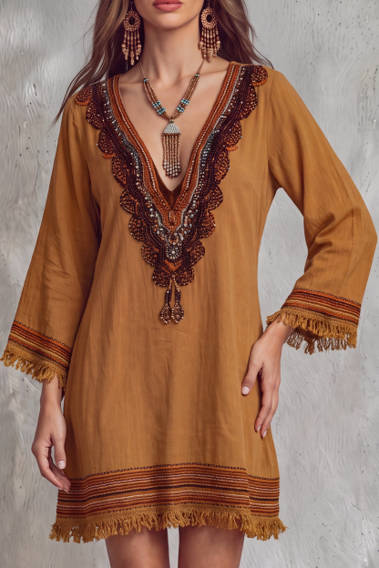 Xirevo Plunge Neck Fringe Embroidery Mini Dress