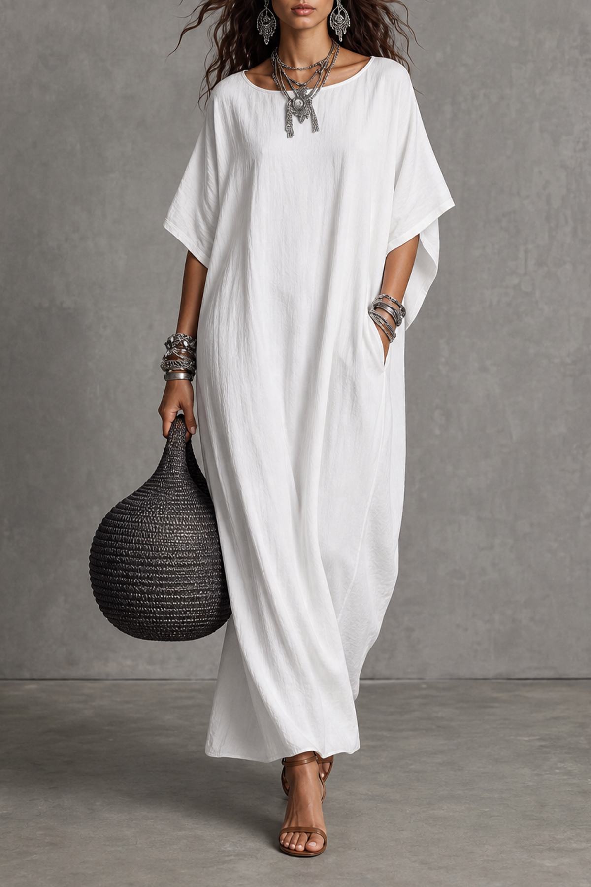 Xylven Batwing Sleeve Pockets Maxi Dress