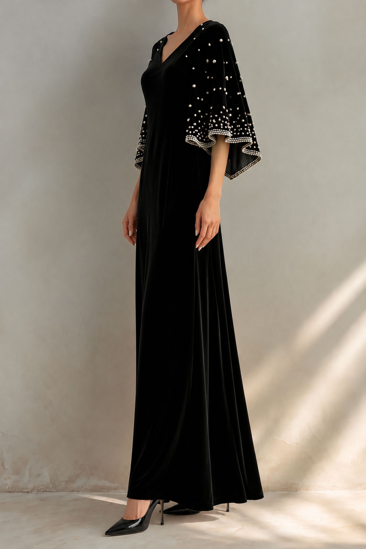 Yara Cape Sleeve Beaded Maxi Dress