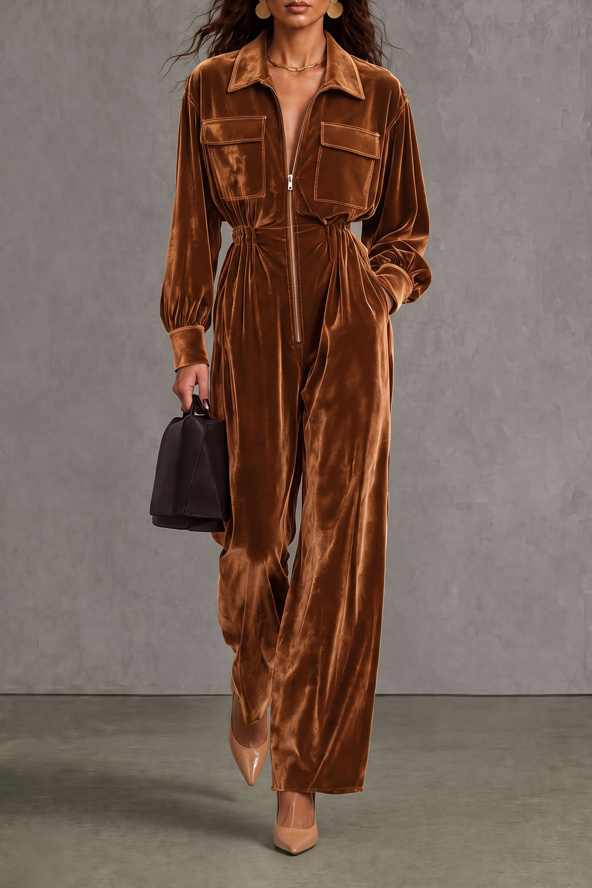 Zadie Velvet Zipper Jumpsuit In Brown