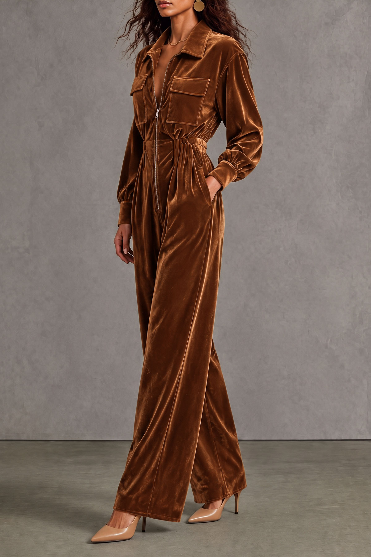 Zadie Velvet Zipper Jumpsuit In Brown