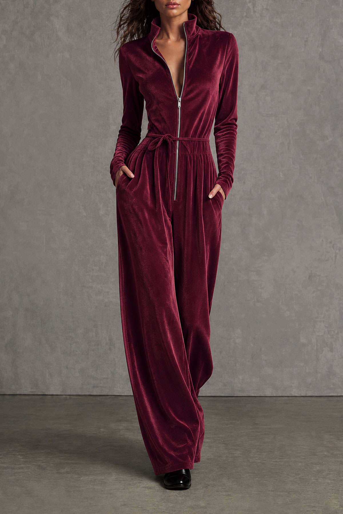 Zadie Velvet Zipper Jumpsuit In Red