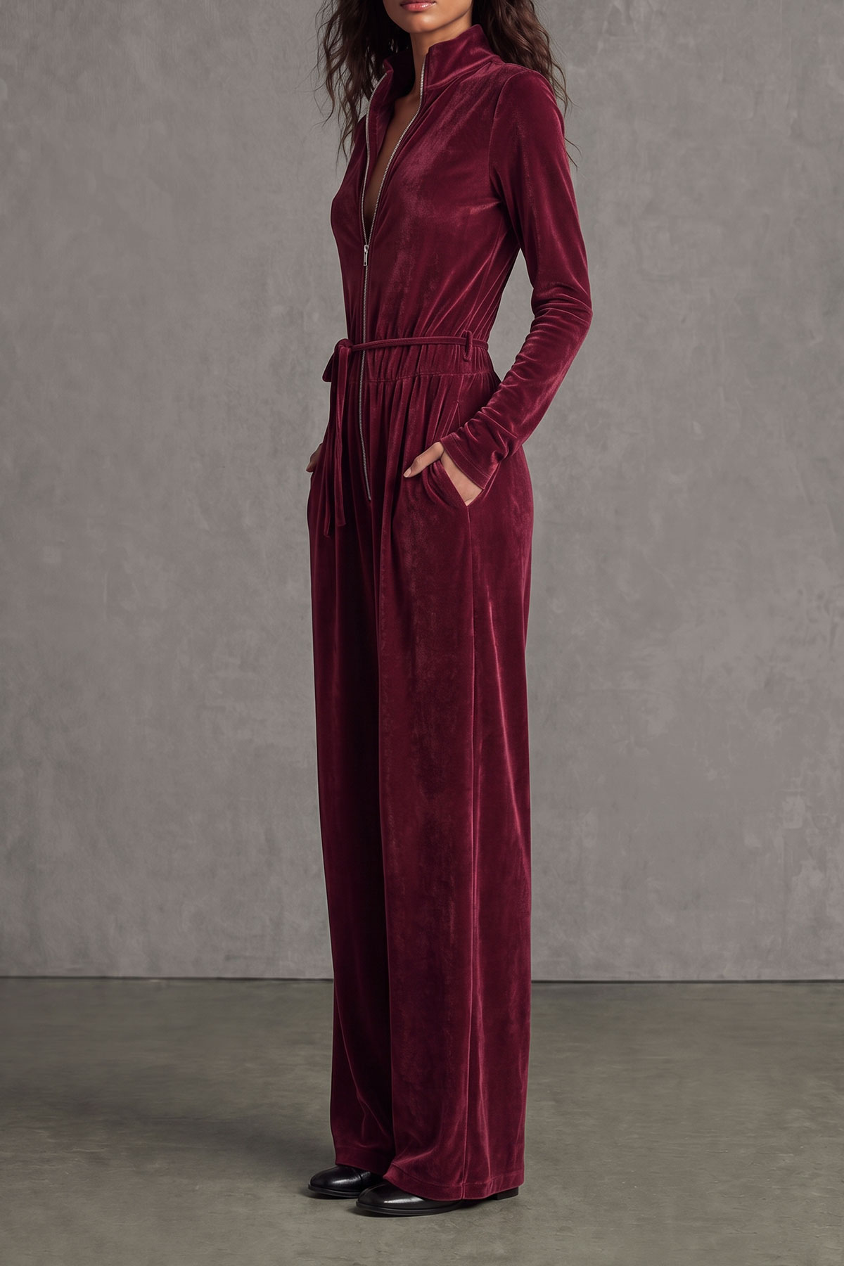 Zadie Velvet Zipper Jumpsuit In Red