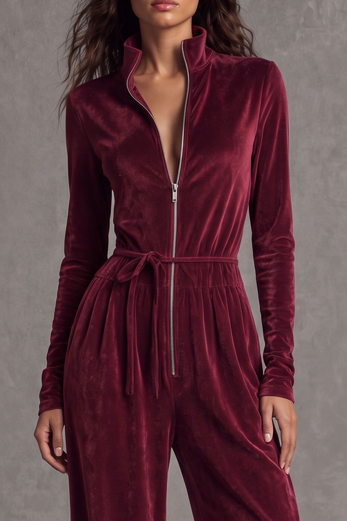 Zadie Velvet Zipper Jumpsuit In Red