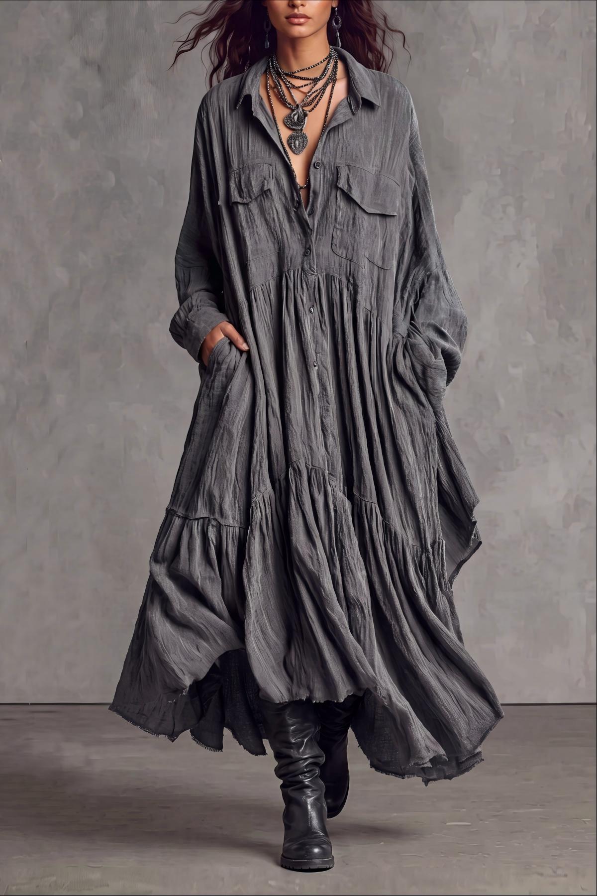 Zareth Long Sleeve Button Pockets Maxi Shirt Dress