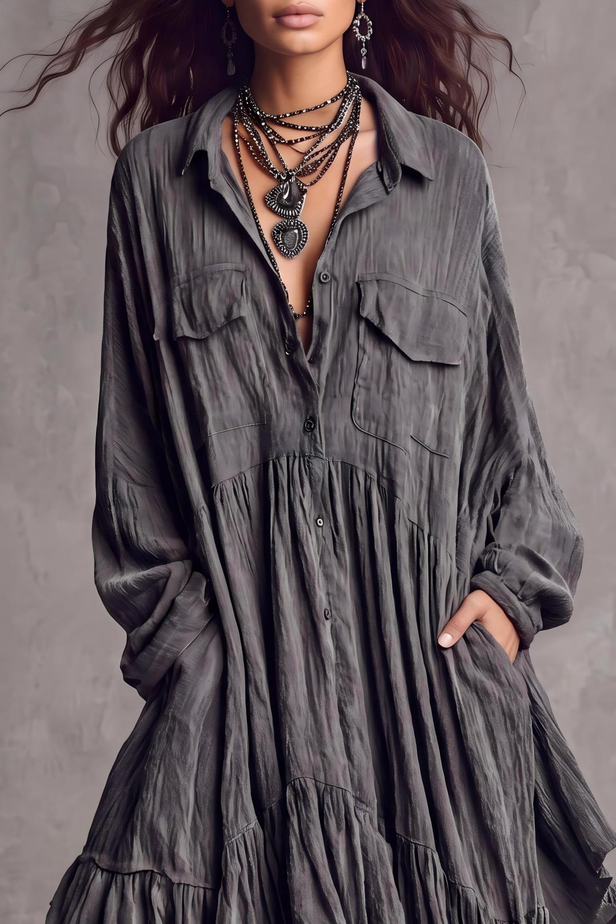 Zareth Long Sleeve Button Pockets Maxi Shirt Dress