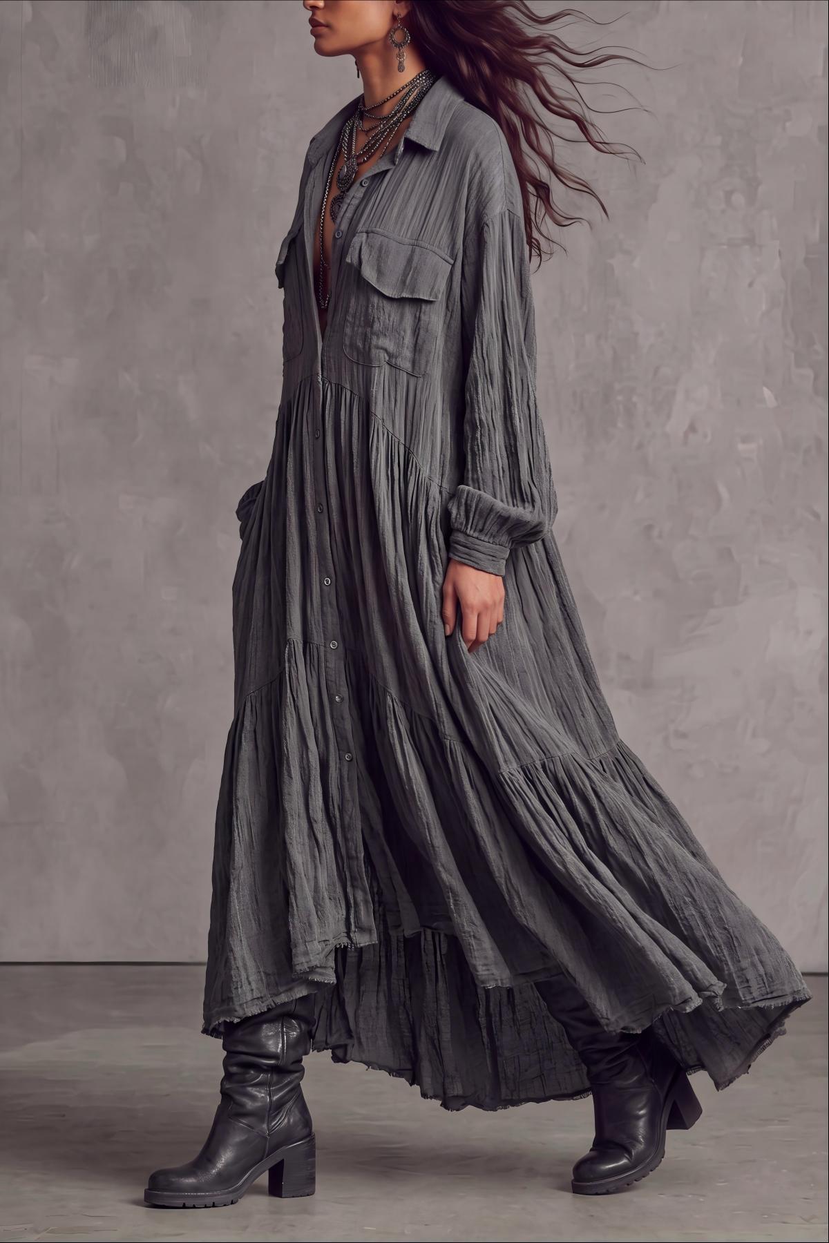 Zareth Long Sleeve Button Pockets Maxi Shirt Dress