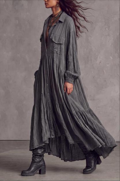 Zareth Long Sleeve Button Pockets Maxi Shirt Dress