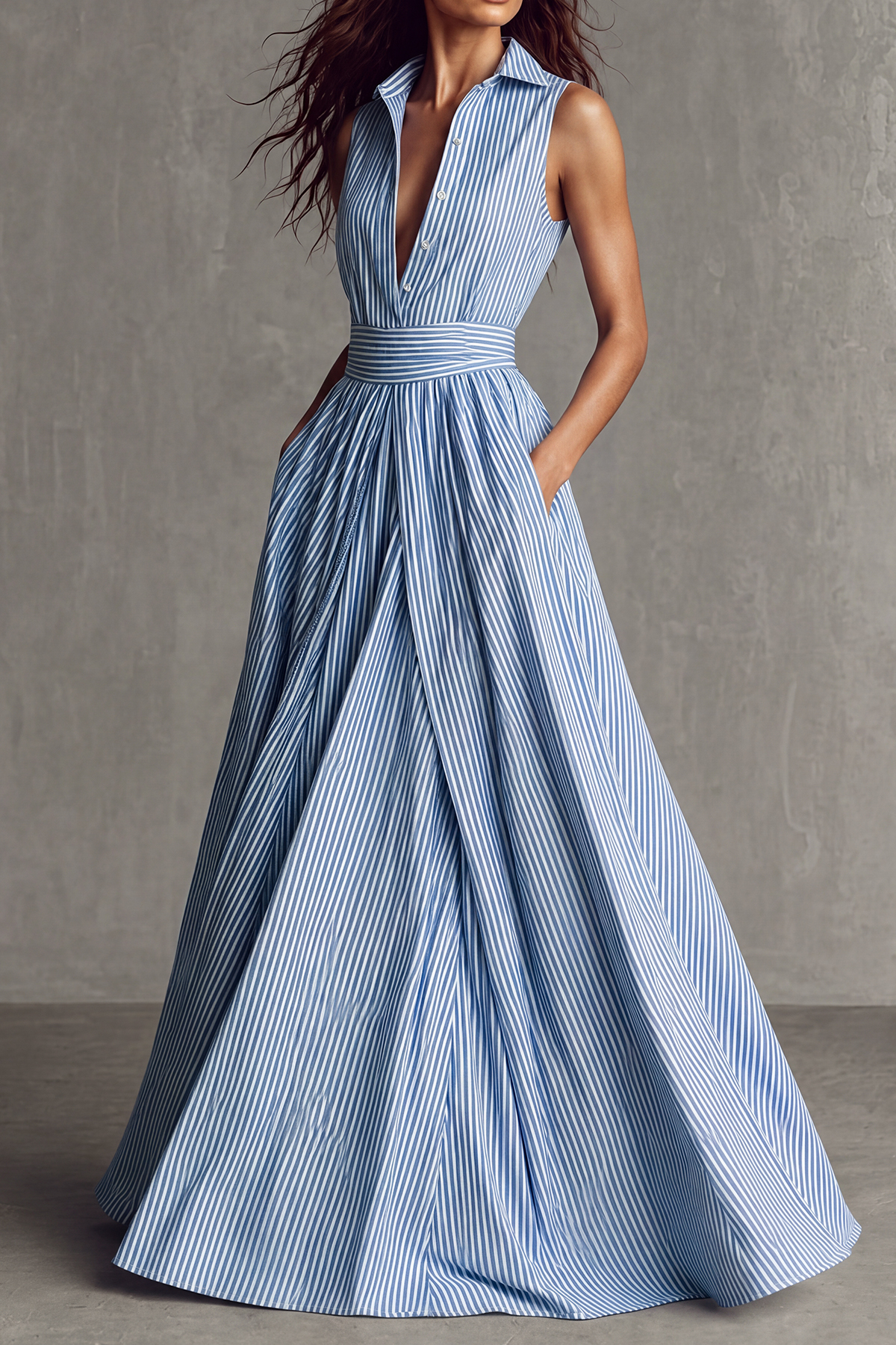 Zaviera Sleeveless Stripe Maxi Shirt Dress