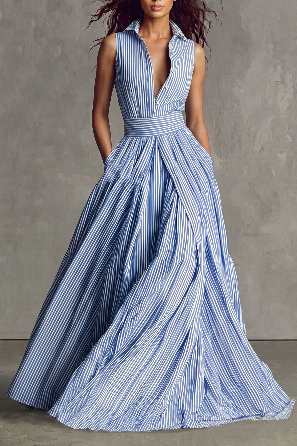 Zaviera Sleeveless Stripe Maxi Shirt Dress
