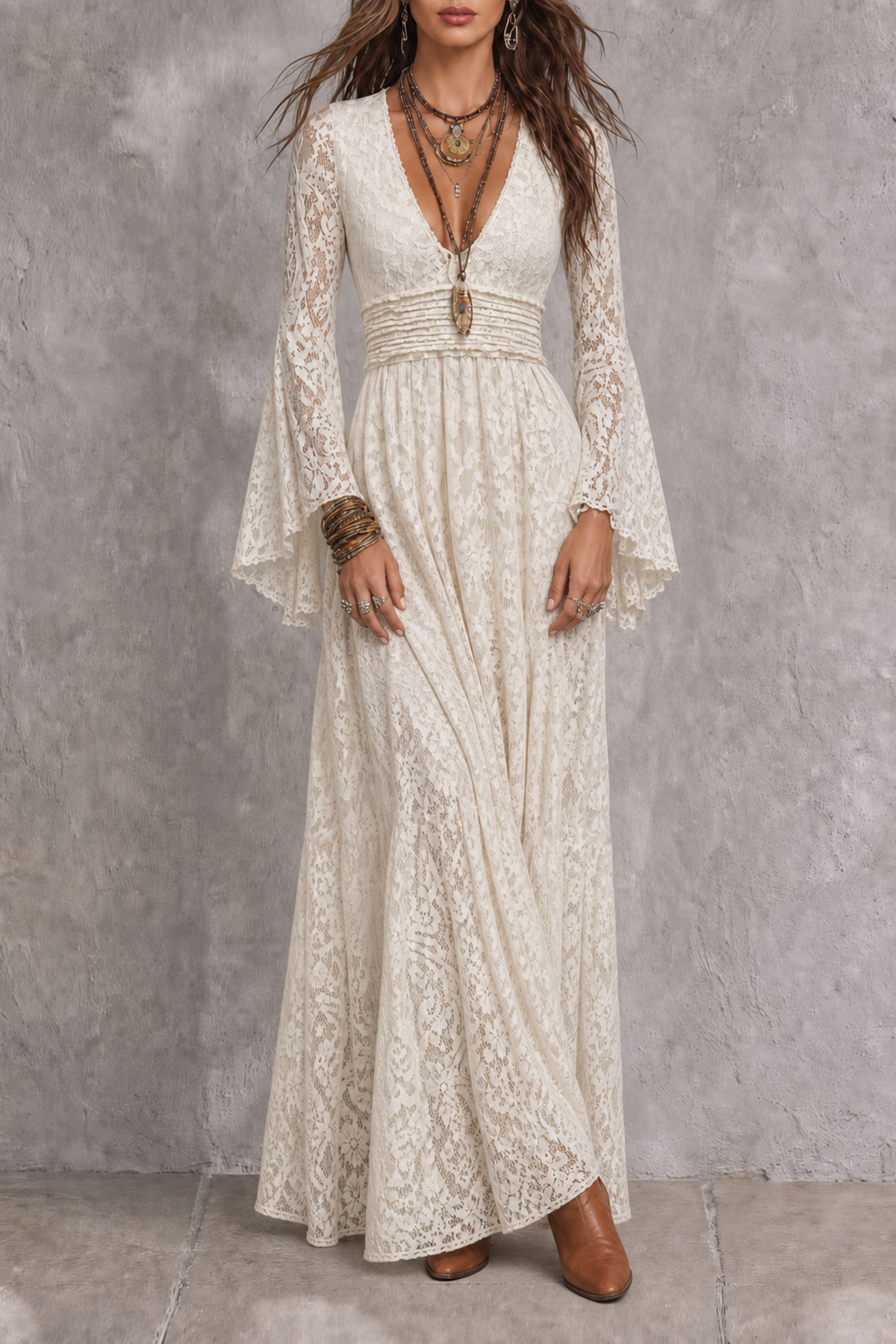 Zevria Plunge Neck Pleated Lace Maxi Dress 