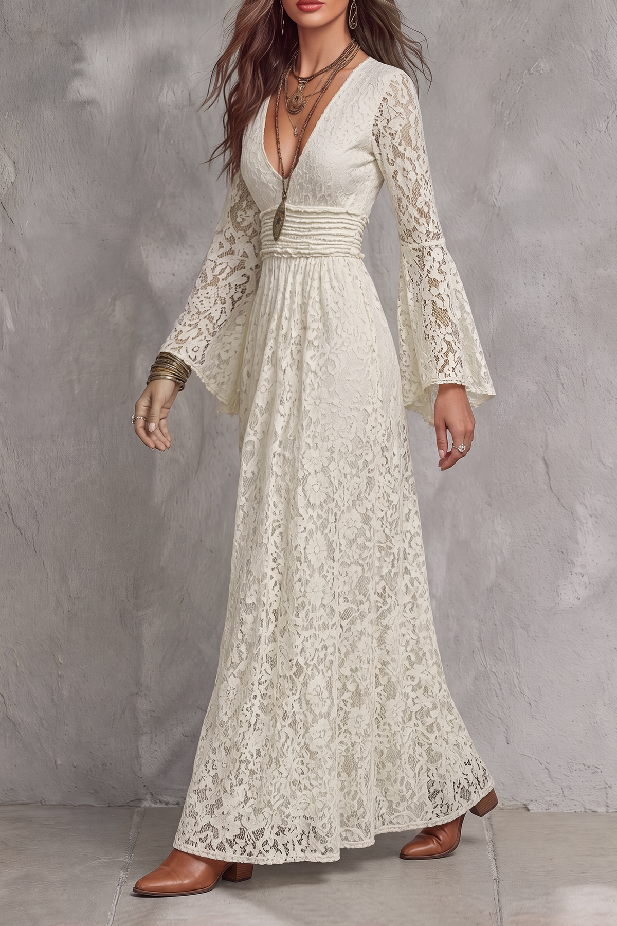 Zevria Plunge Neck Pleated Lace Maxi Dress 