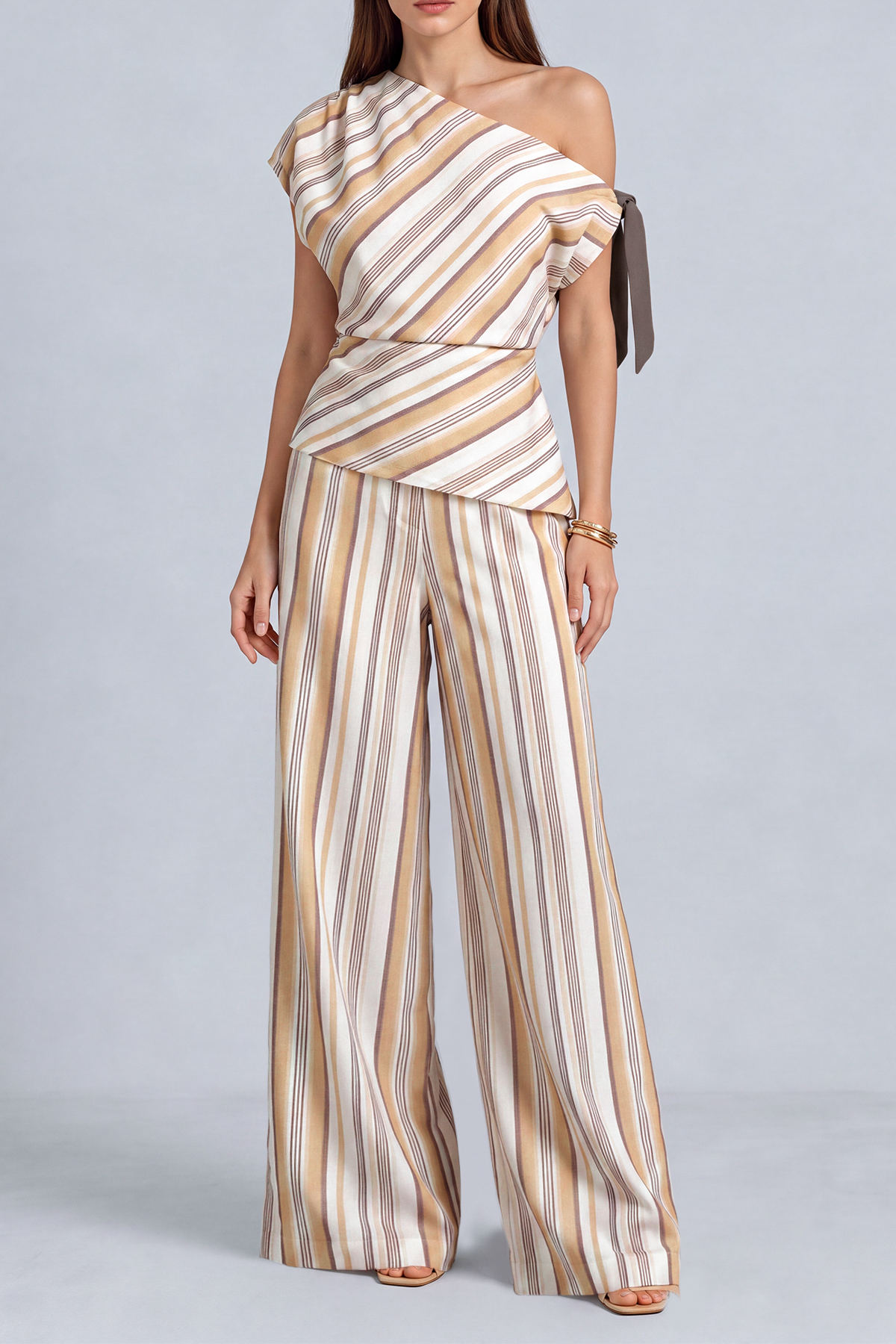 Zoe One Shoulder Tie Stripe Pants Set