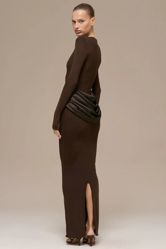 Kestrel Long Sleeve Satin Drape Maxi Dress In Chocolate