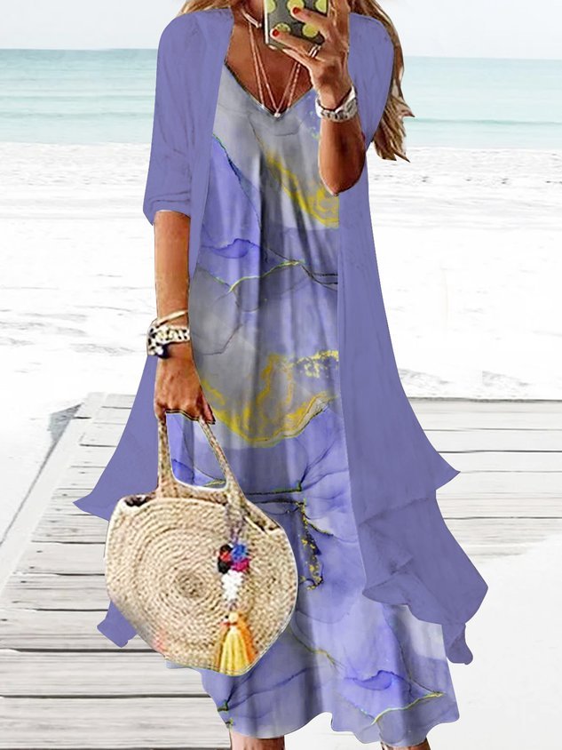 Rainbow gradient marble loose resort beach Chiffon two-piece dress set