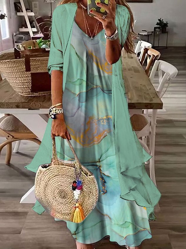 Rainbow gradient marble loose resort beach Chiffon two-piece dress set