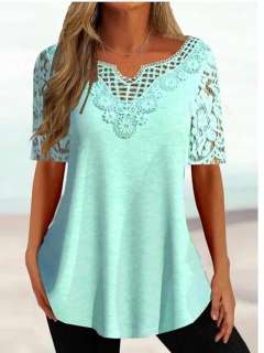 Women's Shirt Blouse Light Green Plain Lace Short Sleeve Casual Basic