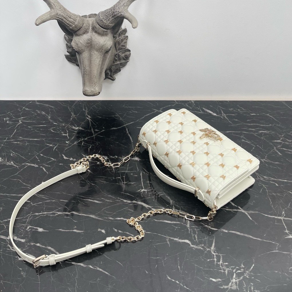 Miss Dior Mini Bag White Cannage Lambskin with Gold-Finish Butterfly Studs