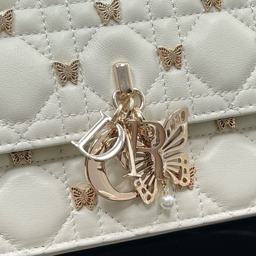 Miss Dior Mini Bag White Cannage Lambskin with Gold-Finish Butterfly Studs