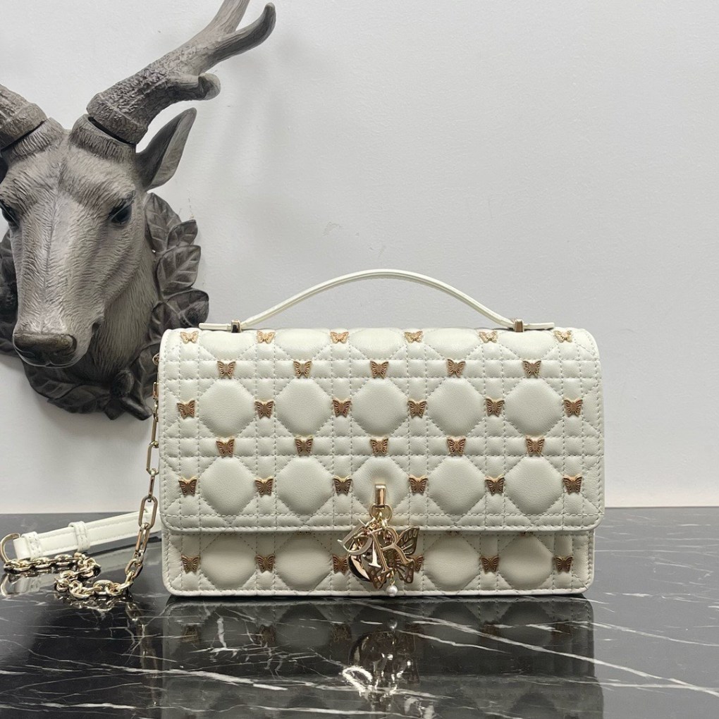 Miss Dior Mini Bag White Cannage Lambskin with Gold-Finish Butterfly Studs