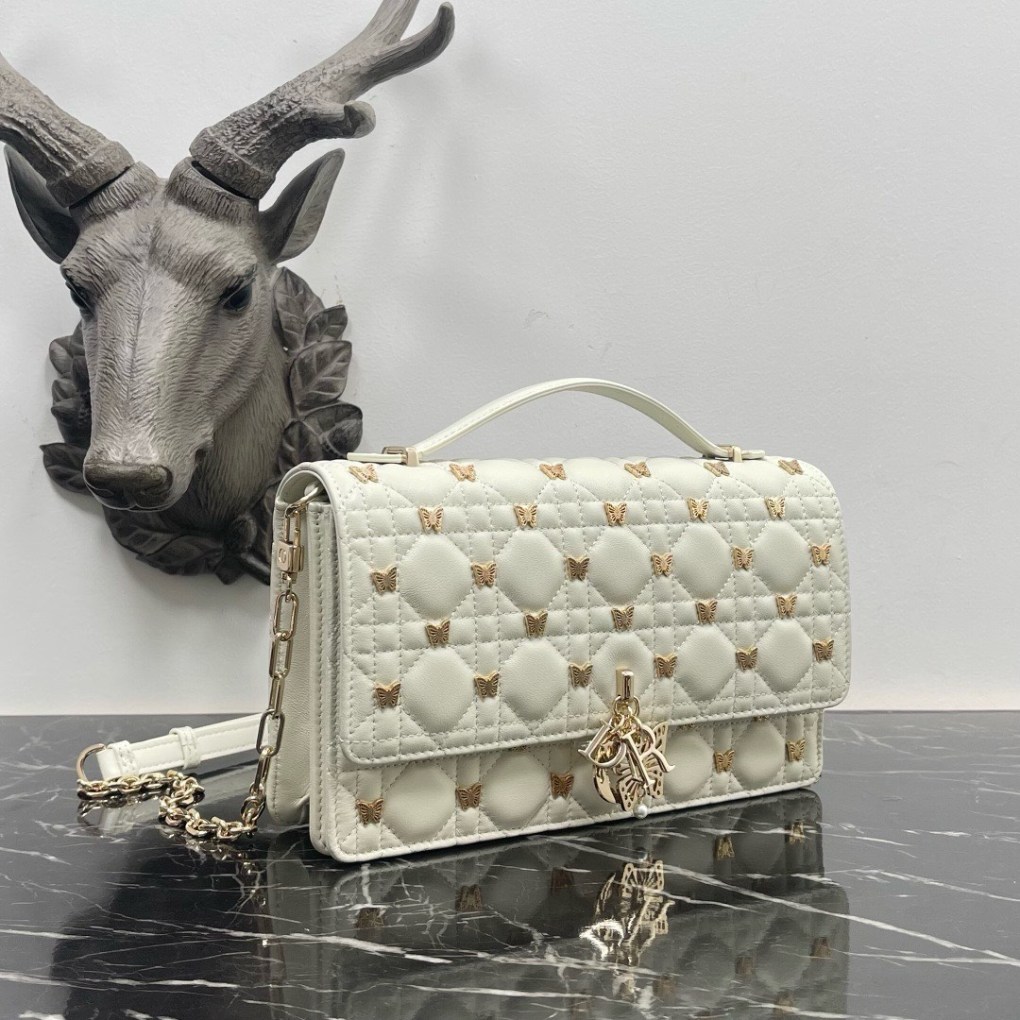 Miss Dior Mini Bag White Cannage Lambskin with Gold-Finish Butterfly Studs