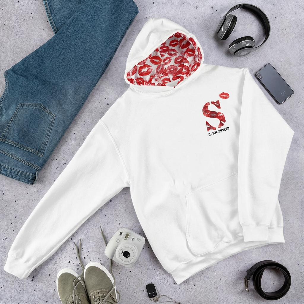 Customize Our Kiss Mark Couple Hoodies.