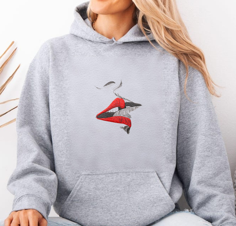 Couple Kissing Pattern Embroidered Sweatshirt, Love-Themed Embroidered Hoodie